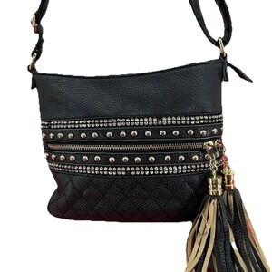 Imoshion Womens Crossbody Bag Small Black Studded Rhinestone Quilted Boho Rocker